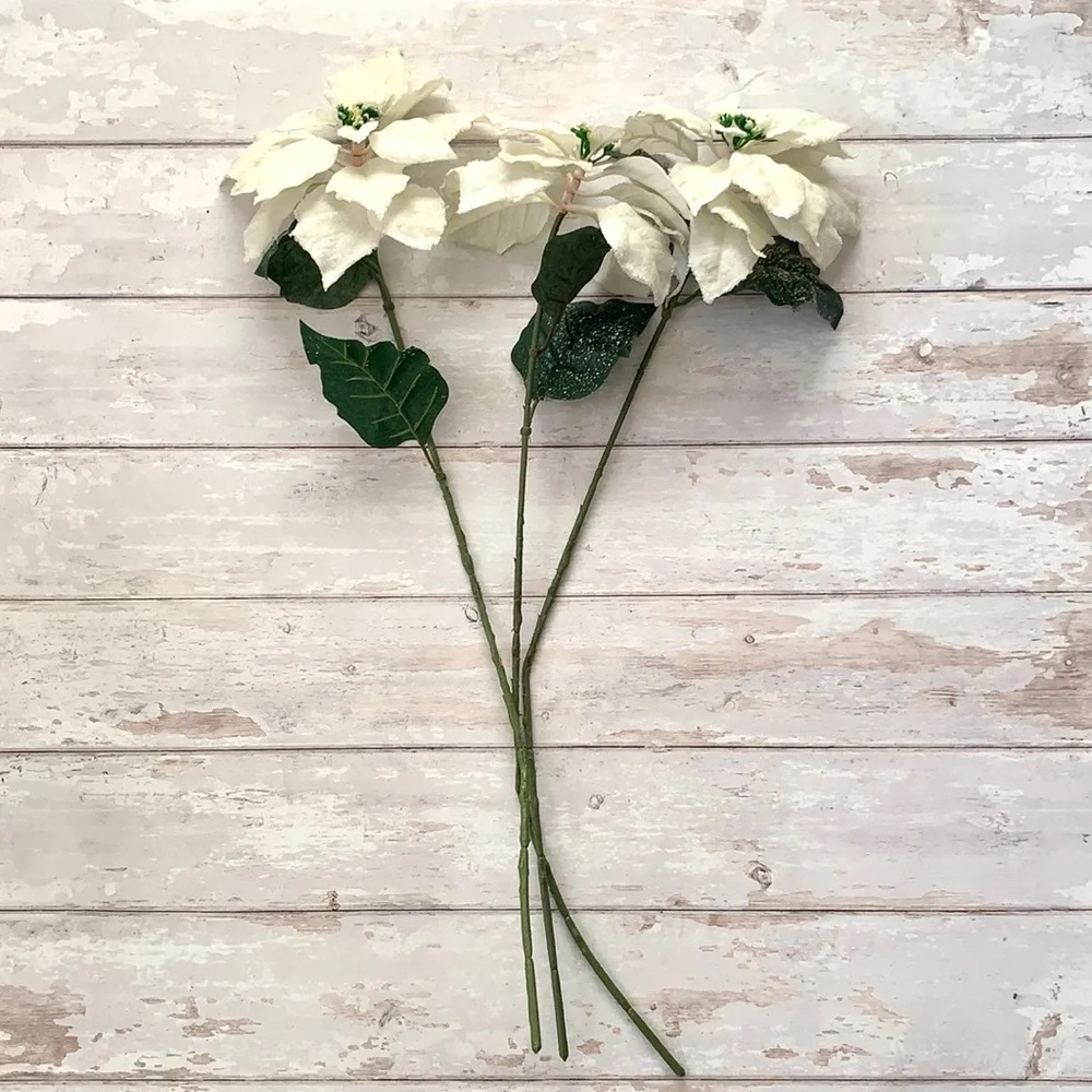 Faux Artificial Flowers White Frosted Poinsettias 24in Set of 3 Floral Bouquet
